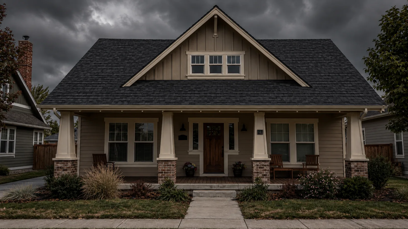 Illustrative craftsman house with continuous charcoal roof shingles
