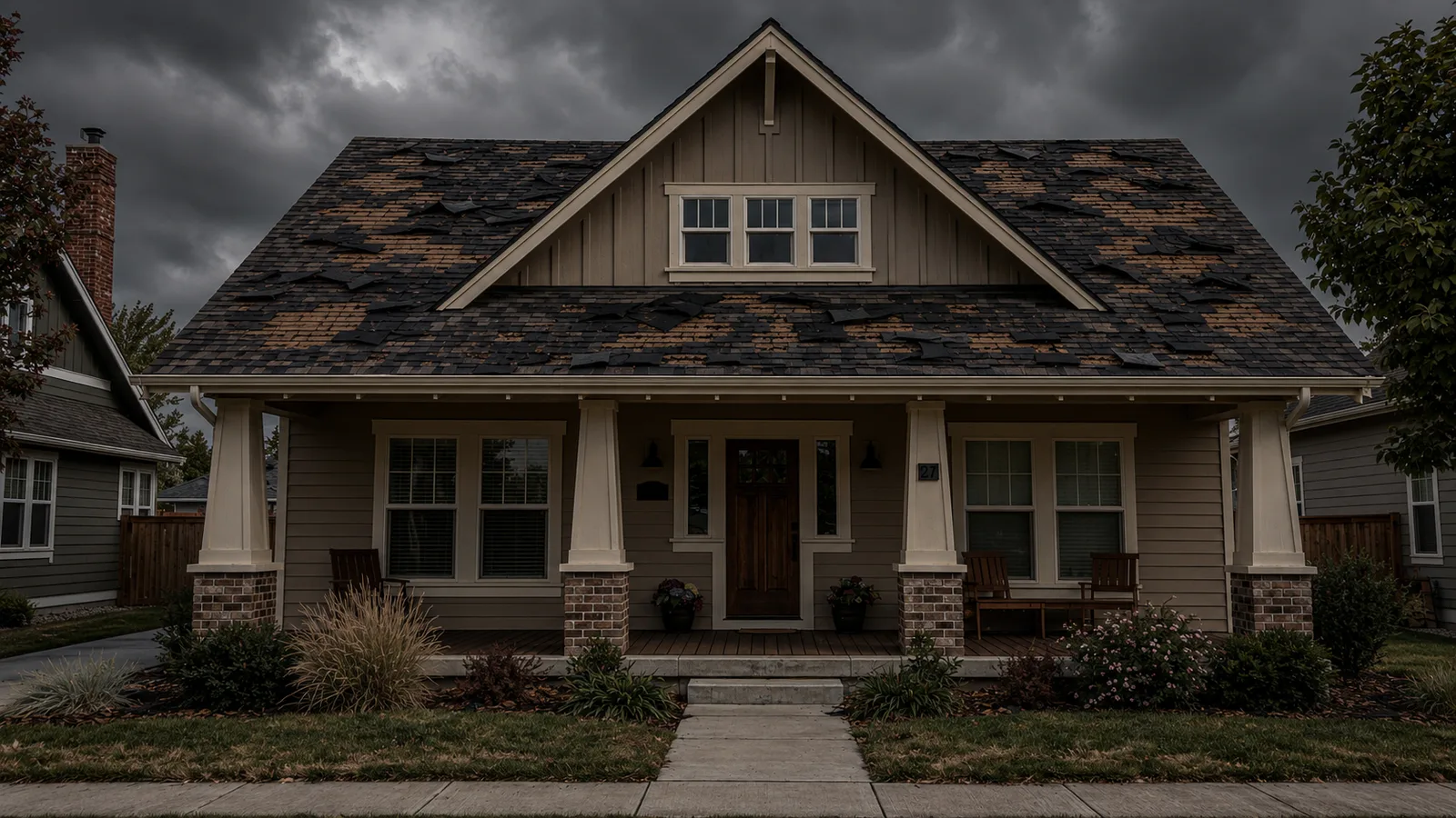Illustrative craftsman house with worn roof covering